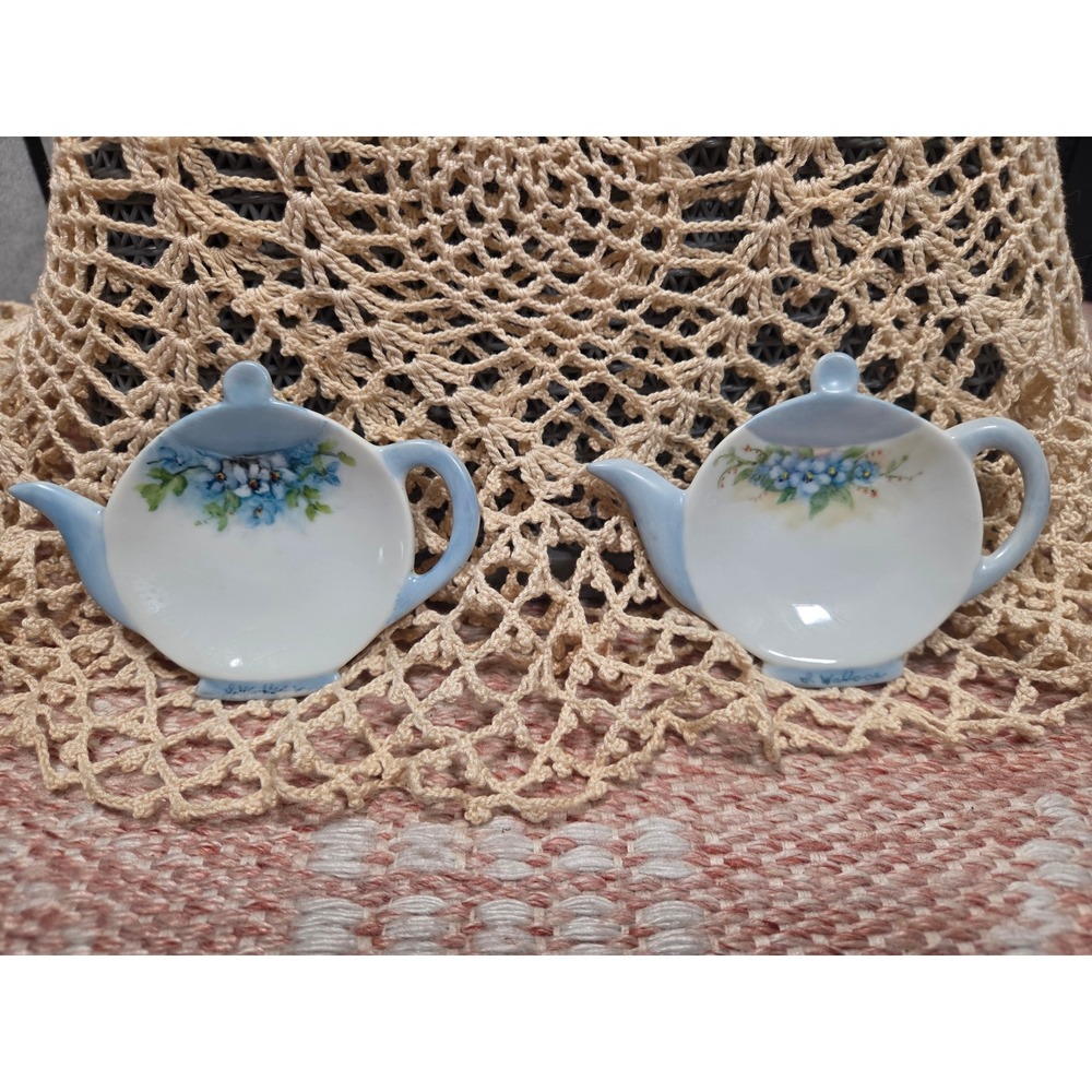 Vintage Signed J Wallace Porcelain Teapot Tea Bag Holder Coasters Set of 2 Blue